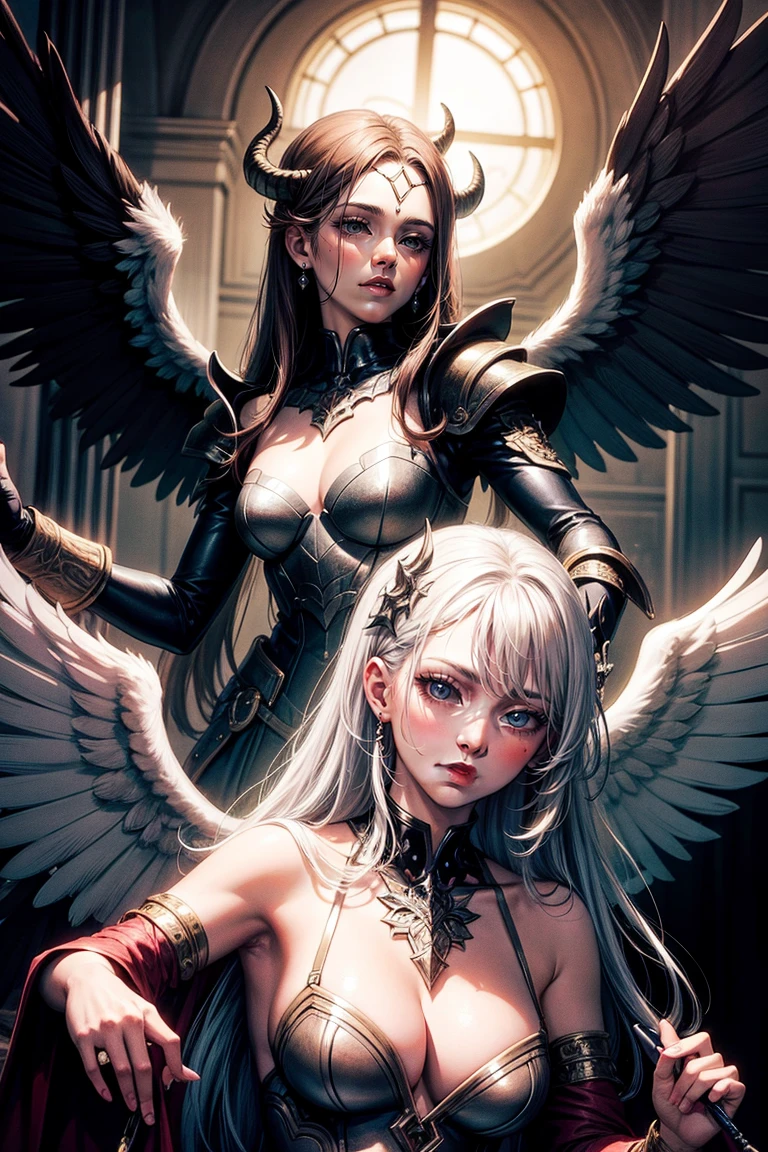 ((Highest quality)), ((masterpiece)), (detailed), Angel and devil facing each other、wing