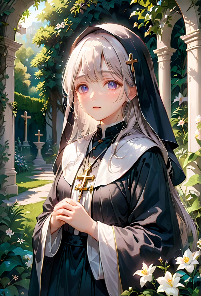 1girl, nun, dark robes, holy cross, serene expression, peaceful garden, soft sunlight, quiet atmosphere, sacred surroundings, (best quality, 4k, 8k, highres, masterpiece:1.2), ultra-detailed, painting-like, soft pastel colors, gentle lighting, aesthetic