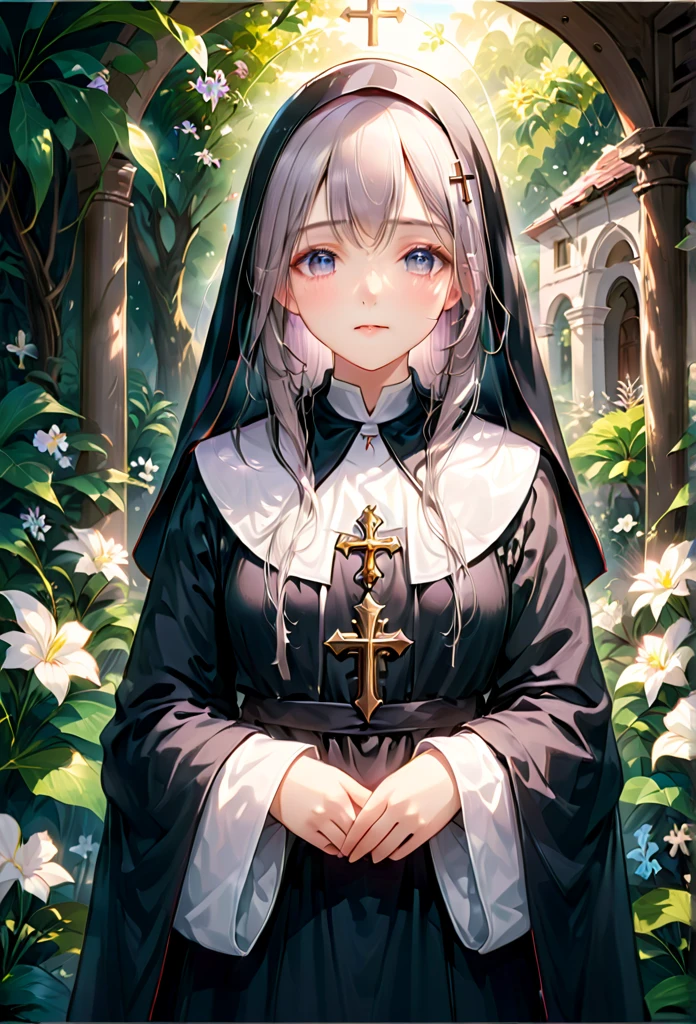 1girl, nun, dark robes, holy cross, serene expression, peaceful garden, soft sunlight, quiet atmosphere, sacred surroundings, (best quality, 4k, 8k, highres, masterpiece:1.2), ultra-detailed, painting-like, soft pastel colors, gentle lighting, aesthetic