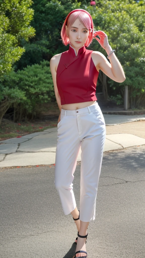 (masterpiece), best quality, absurdres, 1girl, haruno sakura, forehead mark, red sleeveless dress, white pants, navel, sandals, small breasts, red hairband, bracelets, outdoors, extremely detailed, extremely detailed face, extremely detailed eyes, hdr, hires, 4k, blush, looking at viewer,