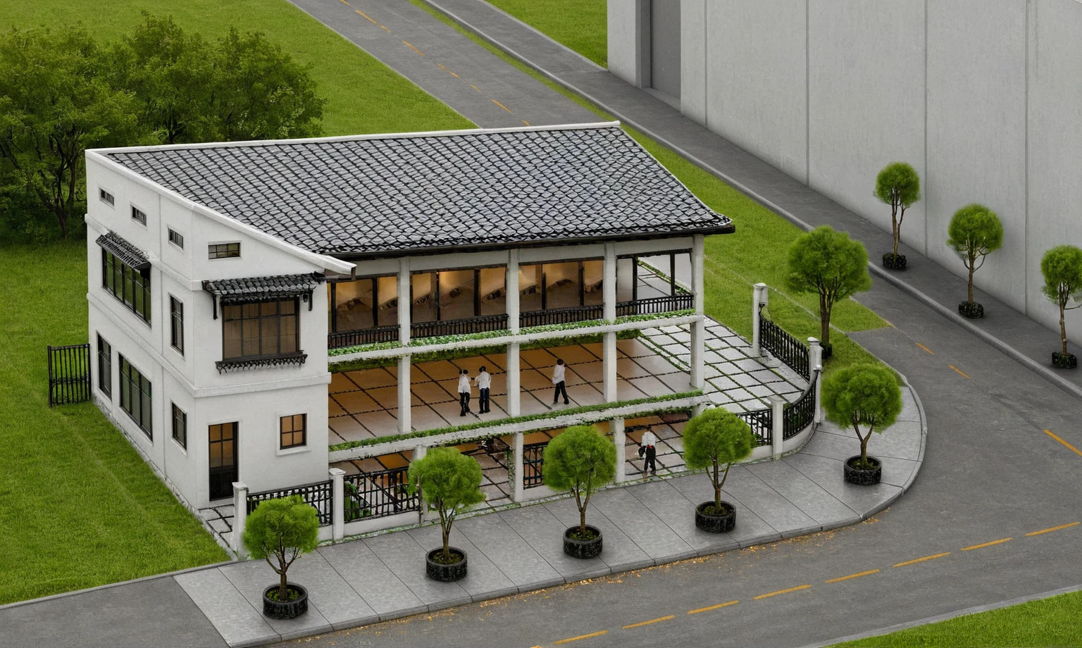 Raw photo,Masterpiece, high quality, best quality, authentic, super detail,
exterior, outdoors, house style indochine on the street ,aiaigroup
road,pavement, grass, trees, sky, cloud, (day:1.1), tiled roofs, streets, surrounding houses