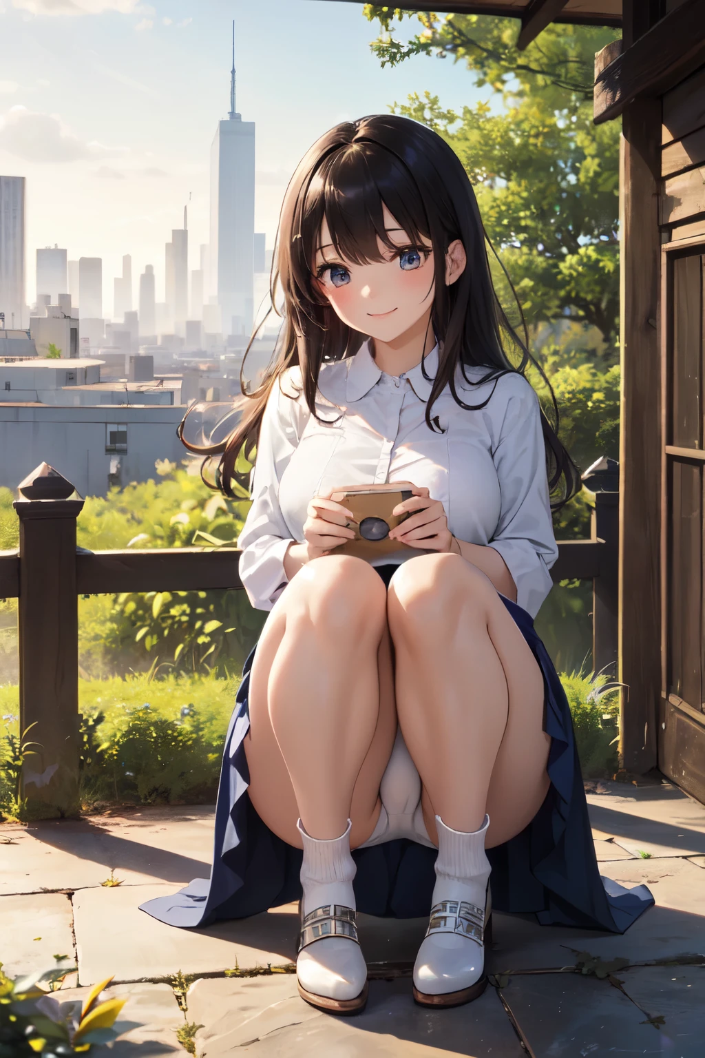 very cute and beautiful girl,(Very detailed美しい顔), (smile),blush,Black Hair,Seraphim,(White Shirt、Pleated navy blue pread your legs、Squat)、Sitting、(From below)、(Lacy white panties), Country road、Distant Tree々and the city, (Highest quality,masterpiece:1.0),Absurd,High resolution,Super detailed,Very detailed,32K,8k resolution, Intricate details,Movie Scenes,Detailed Background,alone,Dynamic Angle,