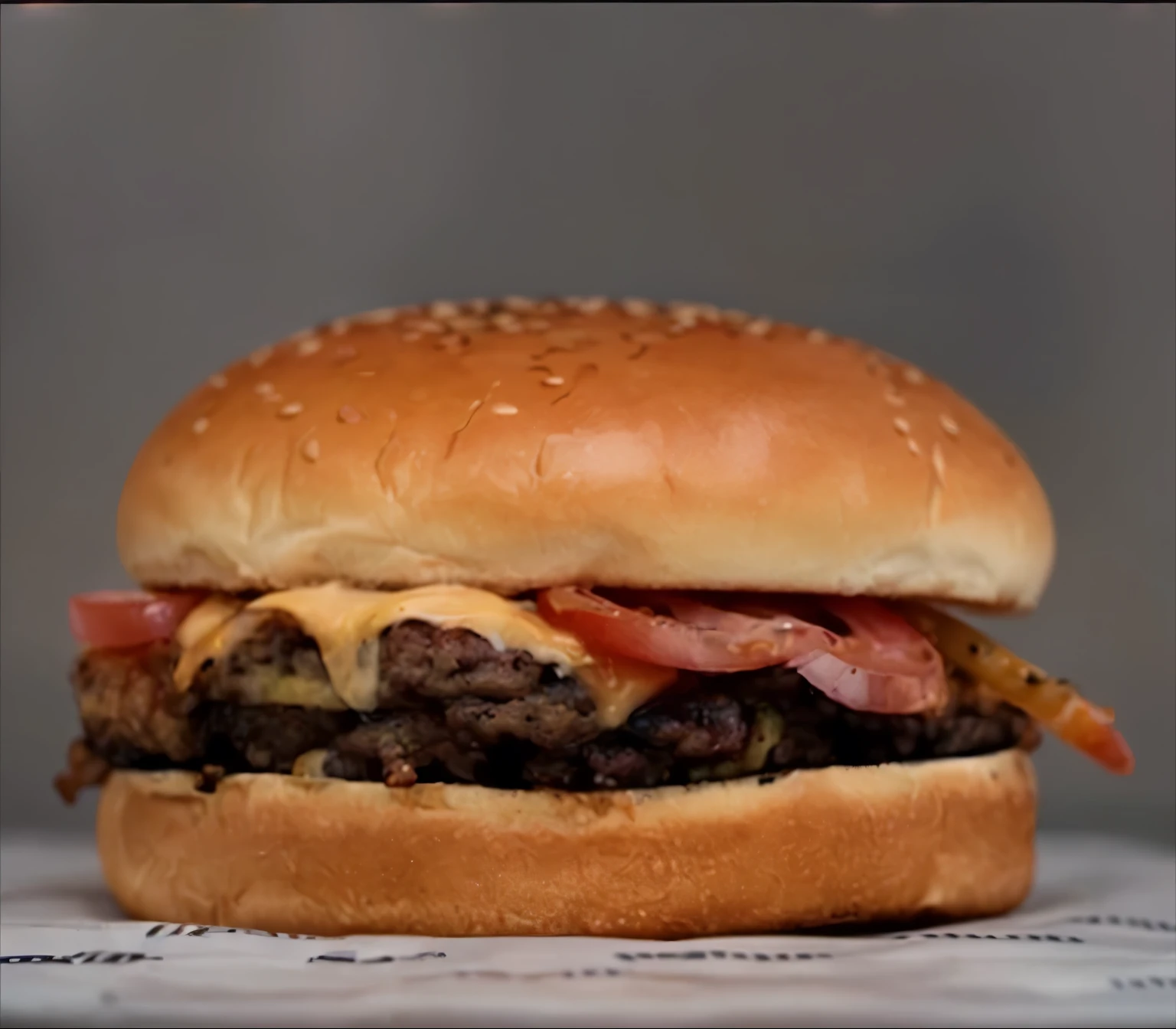 Enhance an existing image of a hamburger to feature a beautifully crafted and juicy burger, made with a brioche bun without sesame seeds. Modify the burger to showcase a smash burger patty with a visible slice of white onion embedded in the center. The presentation should emulate the enticing visuals often seen in fast food advertisements, with the burger impeccably arranged to accentuate its appeal. The bun should be perfectly toasted and glossy, complemented by fresh lettuce, ripe tomato slices, and melted cheese melting over the sides. The smash burger patty should exhibit caramelized edges and distinct grill marks, conveying a sense of irresistible juiciness and flavor. Ensure the entire composition is set against a clean, white background to highlight the burger's appetizing qualities