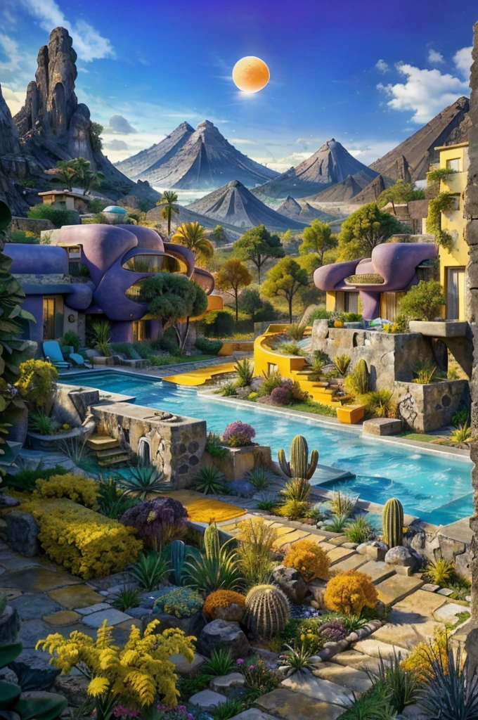 Multiple houses, brutalism style, Luis Barragán, Mountains in background, river, pool, terraces, stairs, garden terraces, trees, beautiful clouds, moon, sun, detailed, cacti, boulders, volcanic rocks, fuggy, Violet, orange, olive green, blue, magenta, amazing volcano in horizont, beautiful garden design