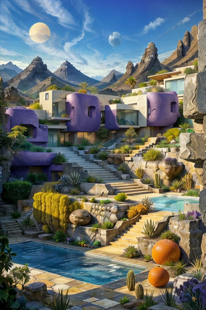 Multiple houses, brutalism style, Luis Barragán, Mountains in background, river, pool, terraces, stairs, garden terraces, trees, beautiful clouds, moon, sun, detailed, cacti, boulders, volcanic rocks, fuggy, Violet, orange, olive green, blue, magenta, amazing volcano in horizont, beautiful garden design