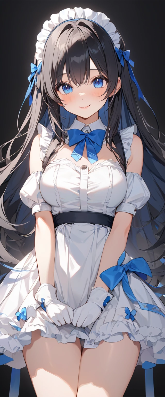 Beautiful girl in maid、(Highest qualityのイラスト:1.2), (cute女の子:1.1), (1 girl、17 years old、Highest qualityのイラスト:1.2), (1 girl、Kind eyes、blue eyes:1.2)、Black Hair、Semi-long hair、Larger breasts、sexy、smile、(Highest quality、Very detailed、cute、Ultra-high resolution)、White background、Simple Background