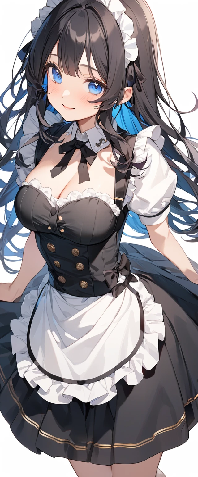 Beautiful girl in maid、(Highest qualityのイラスト:1.2), (cute女の子:1.1), (1 girl、、Highest qualityのイラスト:1.2), (1 girl、Kind eyes、blue eyes:1.2)、Black Hair、Semi-long hair、Larger breasts、sexy、smile、(Highest quality、Very detailed、cute、Ultra-high resolution)、White background、Simple Background
