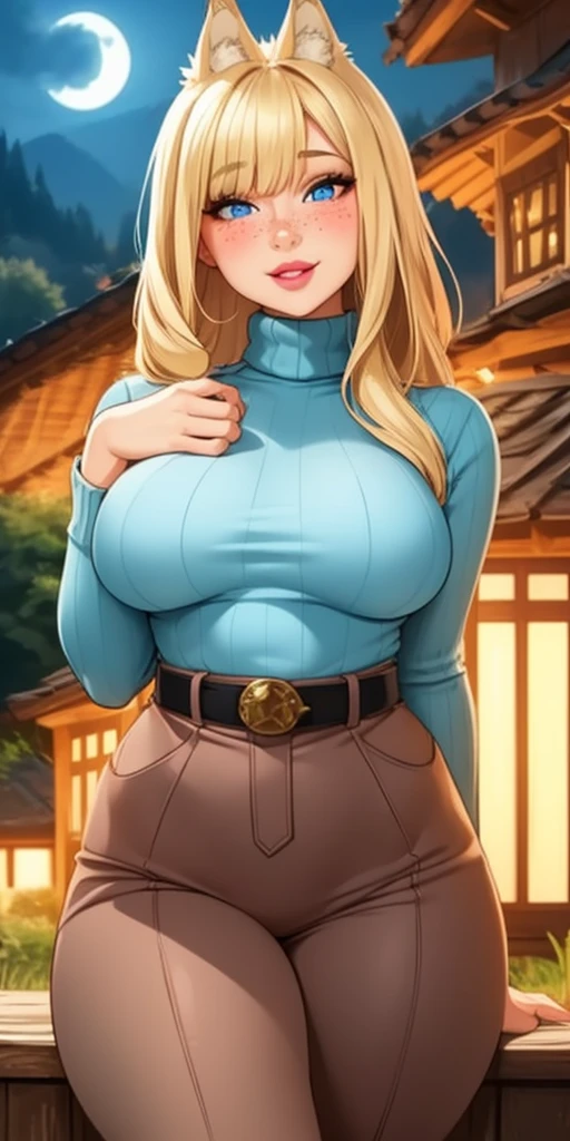 Beautiful round medium breasts, 1girl, ((blonder hair, bangs cover the eyes)) ((wolf girl, cute girl face)) light blue eyes, has an beautiful sensual body with freckles, with full breasts and thin waist, HIP HOP Beautiful and cute Long sweater, turtleneck, women's belt, long sleeve strap, strap fabric delicate, has a bold appearance. young, quality, realistic, best quality, cute expression, pink lipstick lips, Cute smile, leaning, on the porch illuminated by moonlight, wooden house in the forest