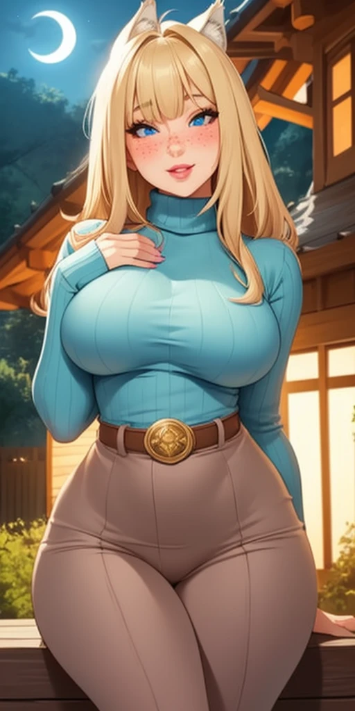 Beautiful round medium breasts, 1girl, ((blonder hair, bangs cover the eyes)) ((wolf girl, cute girl face)) light blue eyes, has an beautiful sensual body with freckles, with full breasts and thin waist, HIP HOP Beautiful and cute Long sweater, turtleneck, women's belt, long sleeve strap, strap fabric delicate, has a bold appearance. young, quality, realistic, best quality, cute expression, pink lipstick lips, Cute smile, leaning, on the porch illuminated by moonlight, wooden house in the forest