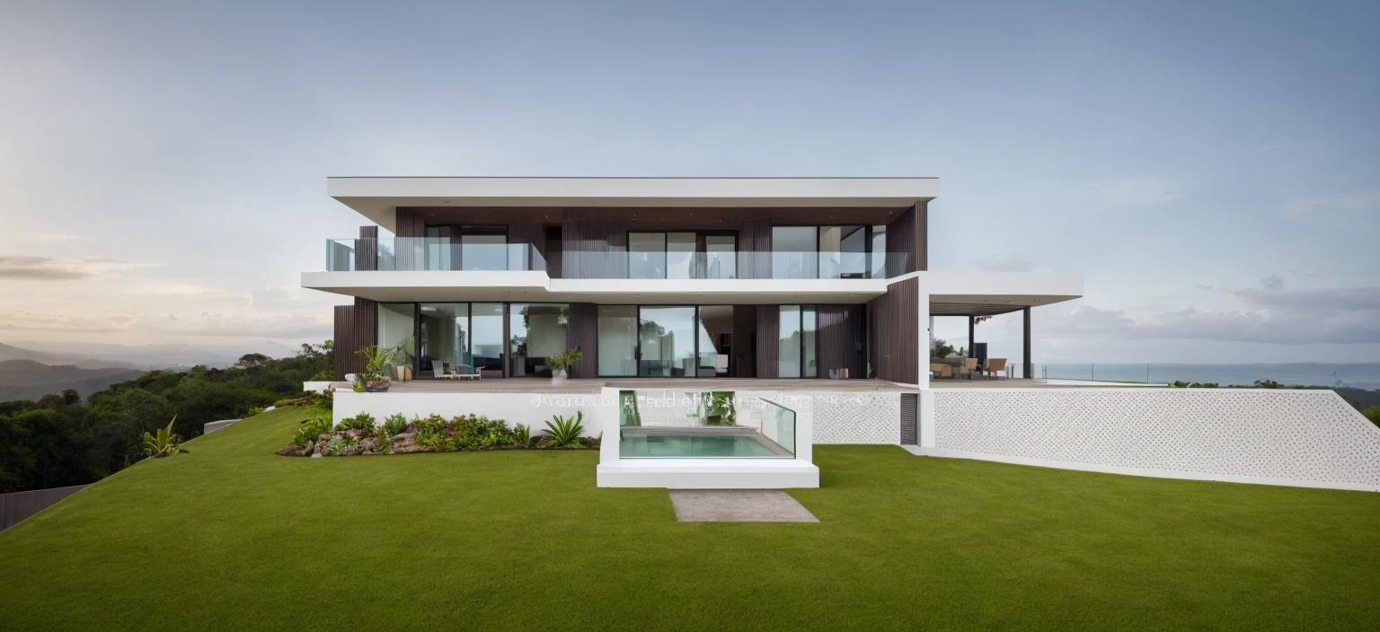 modern tropical villa on the hill, trees, plants, grass, forest, trees behind the villa, best quality, high quality, master piece, sun light, day light, glass door, super detail, glass railing, flat roof, white wall, stone fence, realistic photo