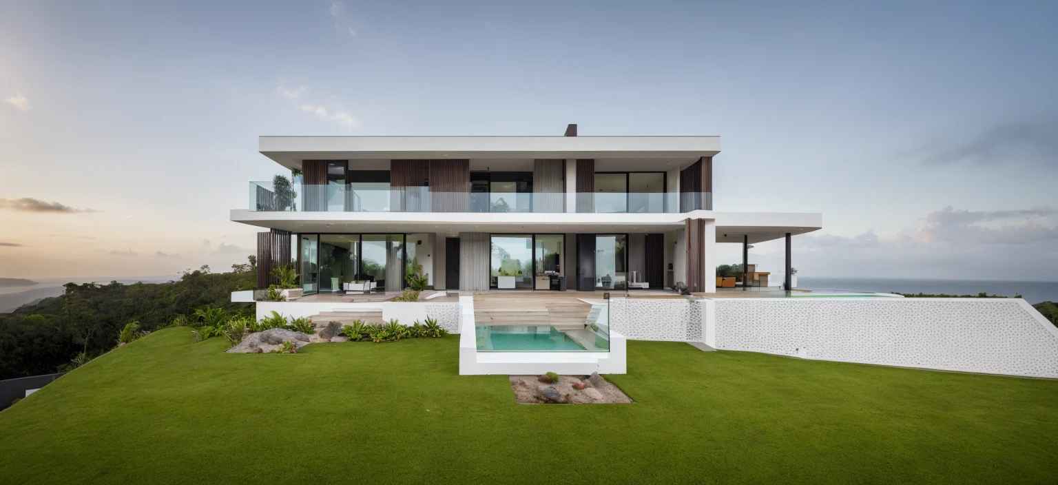 modern tropical villa on the hill, trees, plants, grass, forest, trees behind the villa, best quality, high quality, master piece, sun light, day light, glass door, super detail, glass railing, flat roof, white wall, stone fence, realistic photo