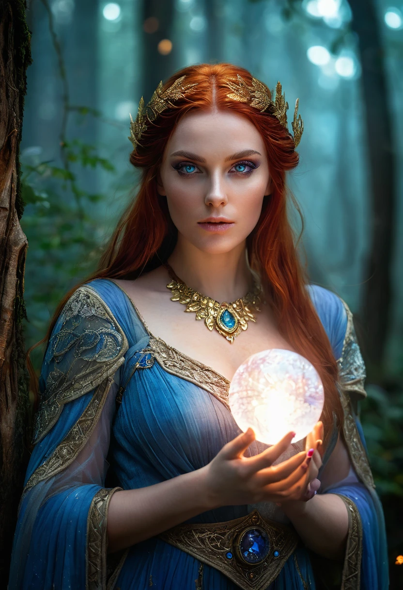 Triss Merigold makes fire magic in her hands, best quality, high resolution, Ultra-detailed, (realistic: 1.37), beautiful detailed eyes, beautiful detailed lips, extremely detailed eyes and face, long eyelashes, (HDR: 1.1), (colors vivid:1.1),(sharp focus:1.1),(physically based rendering:1.1),Portrait,sorceress,red hair,distinct white stripe,intricate gold jewelry,elven heritage,blue eyes,confident expression,Fierce,standing on a magical forest, against a backdrop of ancient trees and mist, holding a wooden staff with a glowing crystal sphere on top, wearing a flowing dress made of shiny fabric, soft sunlight filtering through the leaves, casting a warm, ethereal glow over her ,mysterious shades of blue and purple surround her, illuminating her with a mystical aura.
