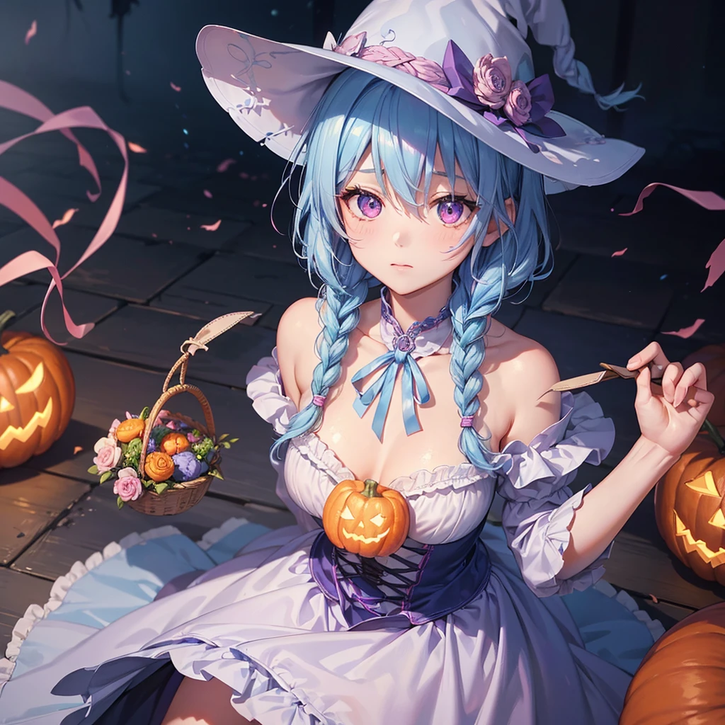 (Light blue medium hair:1.2),(Braided hair:1.2)、Pink eyes、Fair skin、cowboy shot、Halloween、The background is a pumpkin ghost、Crescent Moon、Trick or Treat、A lot of sweets、witch、Halloween night、Candy、many bat、Condescending expression、solo、(masterpiece、Highest quality、Very detailed、Best Shadow)、(Detailed Background)、(Beautifully detailed face)、High contrast、(Best lighting、Very delicate and beautiful)、(Cinematic Light)、colorful、Hyper Detail、Dramatic Light、Exquisite detail、