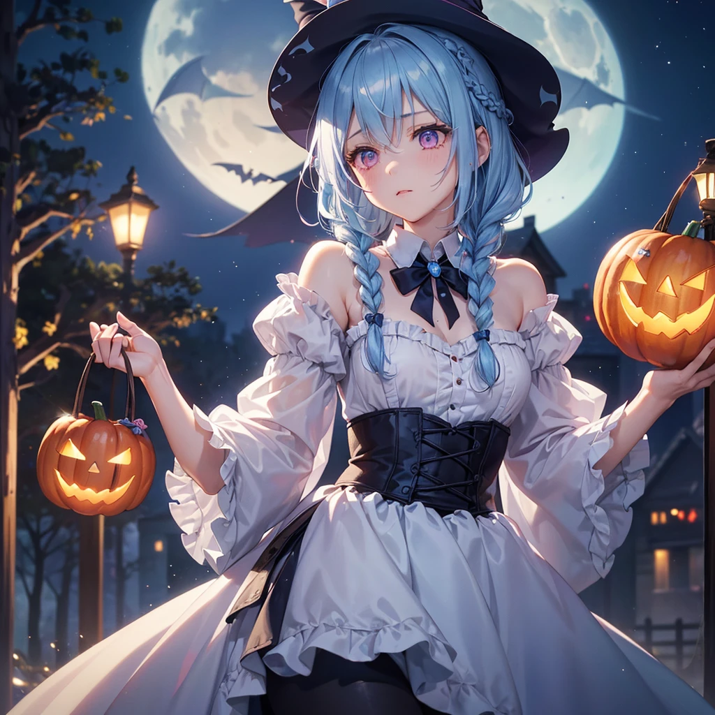 (Light blue medium hair:1.2),(Braided hair:1.2)、Pink eyes、Fair skin、cowboy shot、Halloween、The background is a pumpkin ghost、Crescent Moon、Trick or Treat、A lot of sweets、witch、Halloween night、Candy、many bat、Condescending expression、solo、(masterpiece、Highest quality、Very detailed、Best Shadow)、(Detailed Background)、(Beautifully detailed face)、High contrast、(Best lighting、Very delicate and beautiful)、(Cinematic Light)、colorful、Hyper Detail、Dramatic Light、Exquisite detail、