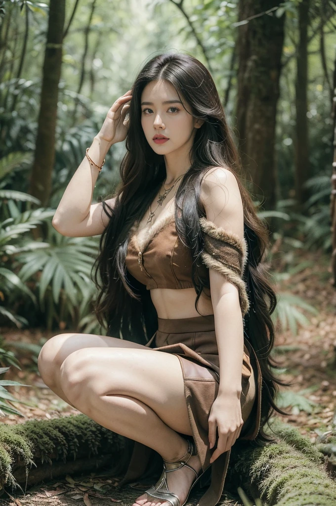 (((best quality))),(((ultra detailed))),(((masterpiece))),illustration,1girl, young, cavewoman, primitive, appearance, striking, long unkempt hair, fiery glance, smudged charcoal, intimidating, wild, animal pelts, clothing, symbol, connection to nature, rough leather skirt, fur chest piece, exposed arms shoulders, simple sandals, woven bracelets, bone necklace, dark dense forest, towering trees, blocked sunlight, thick scent, earth foliage, animal rustling, out of place, home, long polished stick, outstretched hand, greeting challenge, fierce curious expression, contemplating modern world, primitive appearance, modern world, enigmatic, captivating, transformation, spirit ancient ancestors, natural world, strength, powerful reminder, natural world connection