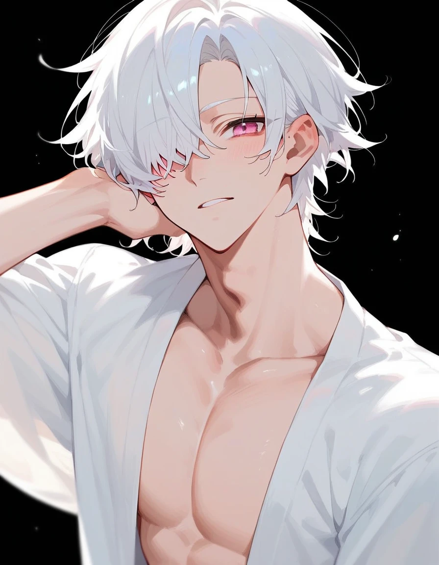 A man wearing a white Japanese shirt, black background, white hair, right eye covered with hair, pink eye color, flat facial expression