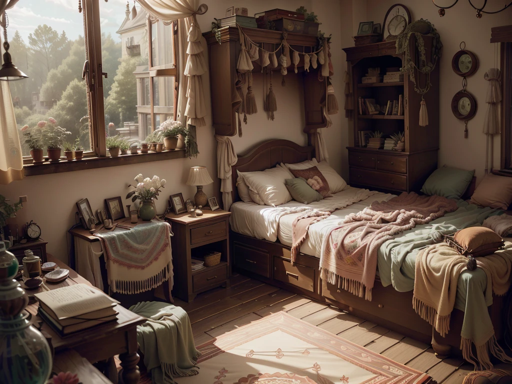 8K picture quality,best quality,masterpiece,HD,Super rich detail,detailed,Princess Lori's warm style room,Green,Cosy bedroom,Big windows,Floor-to-ceiling windows,Queen bed with pillows,clothing,notebook,There is a cabinet next to it,There are bookcases,There is a desk,There are chairs,There are flowers,There is a wardrobe,There was a sofa,There are crosses,There are masks,There are a lot of books,Overall very comfortable,extremely clean,Very informative,Big windows,Outside the window is a large rose garden,Lots of roses,There is also a great view from the window。,超HD逼真,On-site photos,Strong sense of reality
