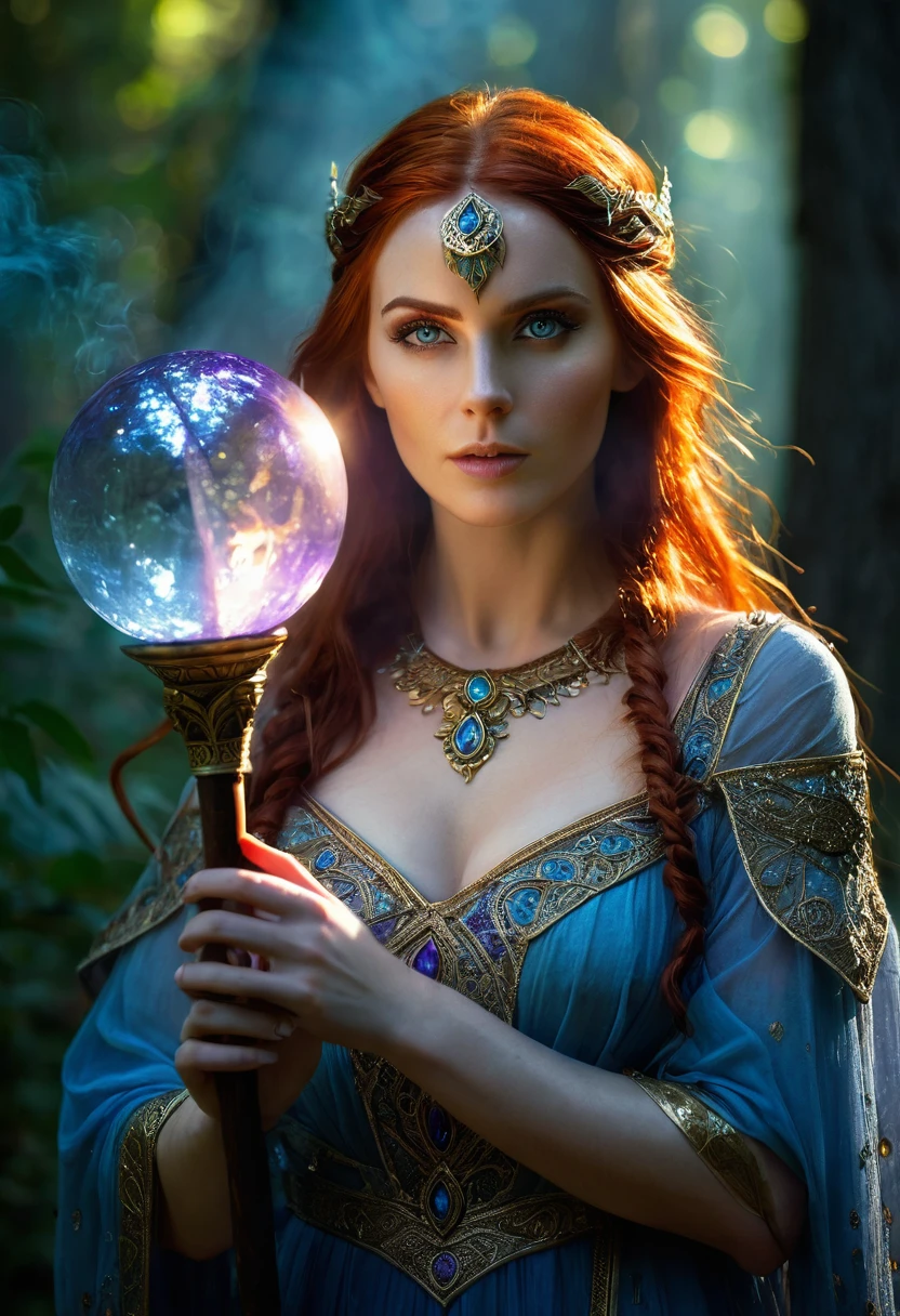 Triss Merigold makes fire magic in her hands, best quality, high resolution, Ultra-detailed, (realistic: 1.37), beautiful detailed eyes, beautiful detailed lips, extremely detailed eyes and face, long eyelashes, (HDR: 1.1), (colors vivid:1.1),(sharp focus:1.1),(physically based rendering:1.1),Portrait,sorceress,red hair,distinct white stripe,intricate gold jewelry,elven heritage,blue eyes,confident expression,Fierce,standing on a magical forest, against a backdrop of ancient trees and mist, holding a wooden staff with a glowing crystal sphere on top, wearing a flowing dress made of shiny fabric, soft sunlight filtering through the leaves, casting a warm, ethereal glow over her ,mysterious shades of blue and purple surround her, illuminating her with a mystical aura.