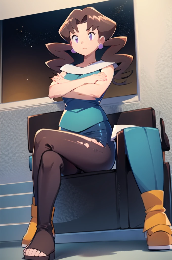 1girl, solo, sitting, looking_down, crossed_legs, crossed_arms, masterpiece, high quality, best quality, Caroline_(pokemon)