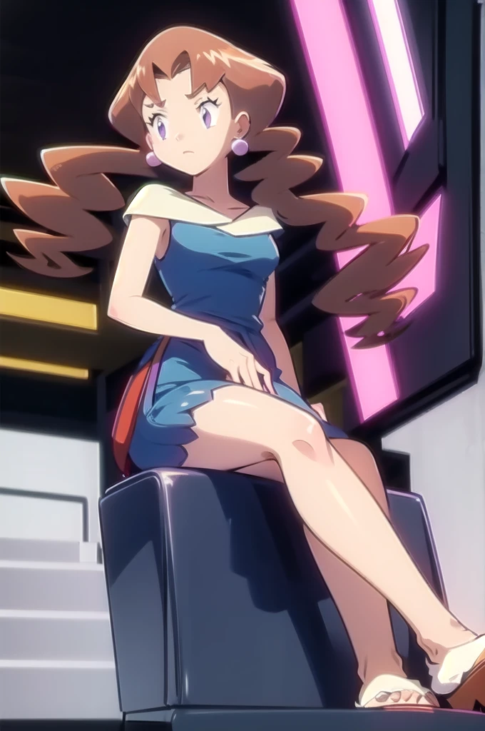 1girl, solo, sitting, looking_down, crossed_legs, crossed_arms, masterpiece, high quality, best quality, Caroline_(pokemon)