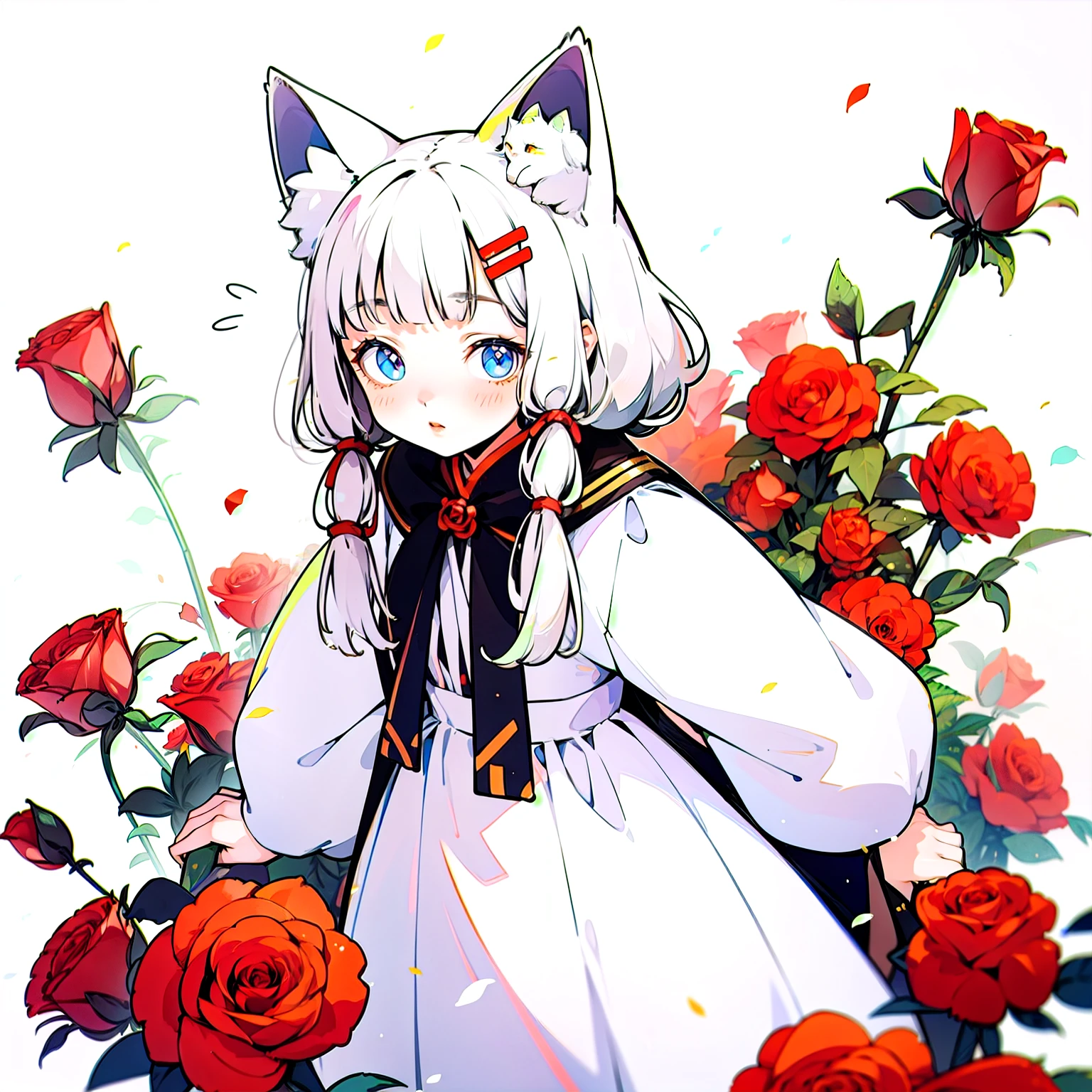 A woman in a white dress with red roses in her hair, anime Cosplay, anime girl Cosplay, Cosplay photo, A mix of anime style and Fujifilm, Cosplay, White-haired God, Beautiful fox woman, Cosplayer, White cat lady, Girl Silver Hair, nekomimi, Real life anime girls, ayaka Cosplay, Shirahime cut hairstyle