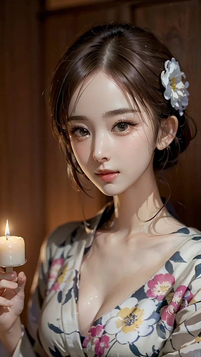 (One Girl), Very cute face, Great face and eyes, (Highly detailed eyes, Highly detailed face), Fresh, Very beautiful appearance, (超Realisticな, High resolution), (Highest quality:1.4), RAW Photos, (Realistic, Realistic:1.37), Professional photography, (Floral Yukata:1.25), (Surprisingly large:1.1), (Open yukata), (Exposing shoulders), Laugh a little, (look at me), Bedroom, Flower Screen, relax, (Bedroomは真っ暗だ:1.6), (The light of one candle:1.5), Focus on the girl,