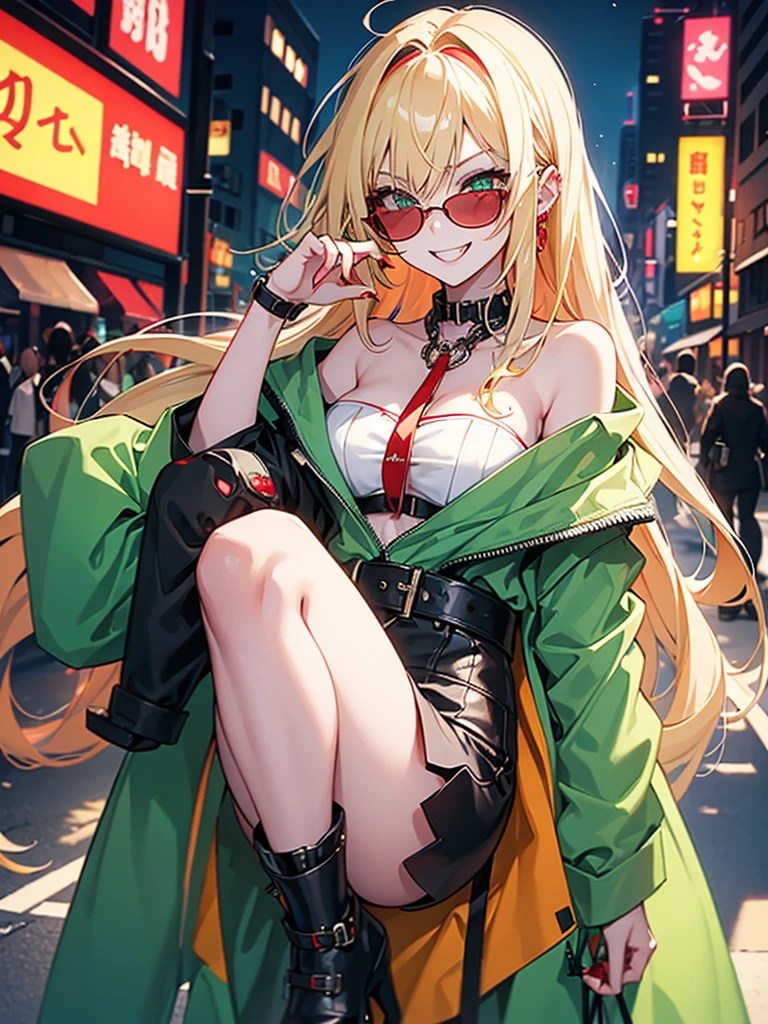 woman、Early 20s、Wicked Smile、Blonde、Long Hair、Green Eyes、Frameless sunglasses with red lenses、Face close-up、sexy、sexyなポーズ、Black tube top、Bright red long coat、R-18、City of night