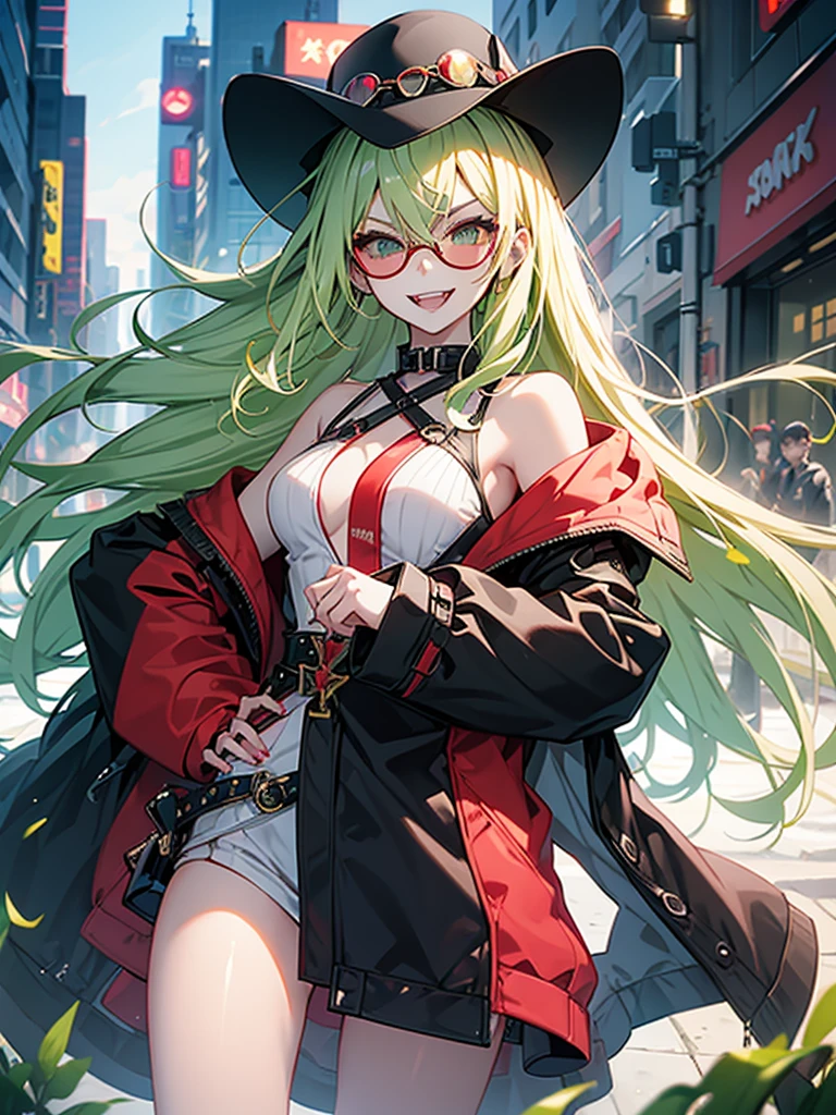 woman、Early 20s、Wicked Smile、Blonde、Long Hair、Green Eyes、Frameless sunglasses with red lenses、Face close-up、sexy、sexyなポーズ、Black tube top、Bright red long coat、R-18、City of night