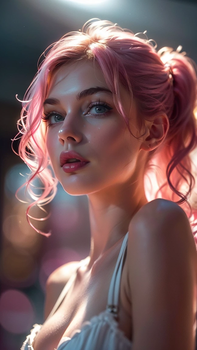 (((ultra realist))) photoshot, masterpiece, top quality, (pale skin), (ultra-detailed face and eyes:1.3), 1 girl, adult, In Lifchik, ((Eye make up, pink mascara)), ((size, Detailed Lips)), ((pink wavy hair)), ((stylish hairstyle)) , (Natural breasts), Slender waist. ((posing, Palms on the face)), photoshot-Shooting, soft studio lighting, (The play of light and shadow), depth of field, bokeh, (special attention to skin details: 1.2), Detailed leather structure, Hautporen. (Airy atmosphere of the frame. Colour palette - delicate, bright, Pink tones), DR, ((film grain)), ((Rays)), (glare), ((Waist up portrait, close to the camera)) , ultra detailed,