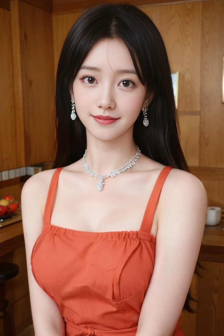 ulzzang-6500-v1.1,(raw photo:1.2),((photorealistic:1.30)), ((best quality)) ,((masterpiece)),((Ultra High Resolution)), ((Clear View)),,Ultra-high resolution,Clear face,（Reality：1.4) ,  illustration, an extremely delicate and beautiful, extremely detailed ,CG ,unity ,8k wallpaper, Amazing, finely detail, masterpiece,best quality,official art,extremely detailed CG unity 8k wallpaper,absurdres, incredibly absurdres, huge filesize, ultra-detailed, highres, extremely detailed,beautiful detailed girl, extremely detailed eyes and face, beautiful detailed eyes,light on face,cinematic lighting,1girl, 独奏, long hair,brown hair,bare shoulders, jewelry, collarbone, earrings,smile, necklace, apron, (upper body:1.5), standing, Tattoos,