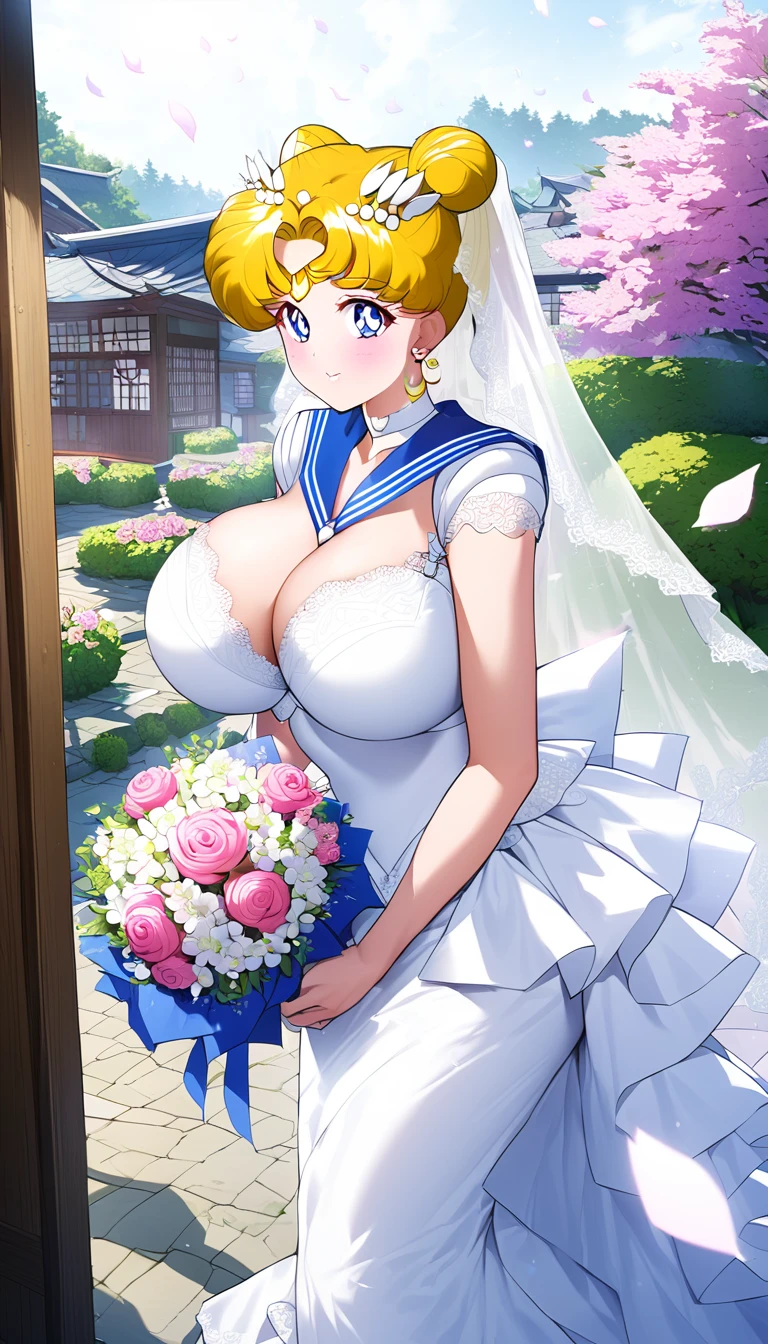 Sailor moon Huge breasts with bra and wedding dress with huge lace neckline with veil and bouquet in a Japanese courtyard