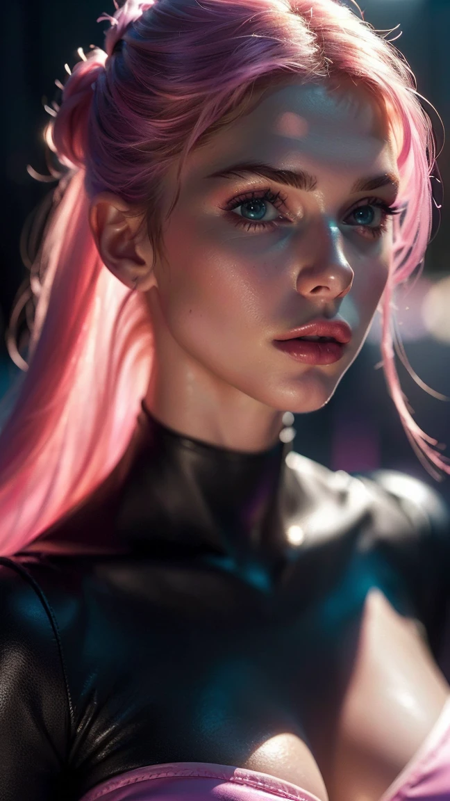 (((ultra realist))) photoshot, ​masterpiece, top quality, (pale skin), (ultra-detailed face and eyes:1.3), 1 girl, adult, in a dress, ((Eye make up, pink mascara)), ((very large detailed lips)), ((Pink волнистые волосы)), ((stylish hairstyle)) , (Natural breasts), (Slender waist). ((posing, hands on chest)), photoshot-Shooting, (soft)illumination, (The play of light and shadow), depth of field, bokeh, (special attention to skin details: 1.2), Detailed leather structure, Hautporen. (Cool atmosphere of the frame. Color scheme - black, Purple, Pink, metric tons), DR, ((film grain)), ((Rays)), (glare), ((Waist up portrait)) , ultra detailed, 