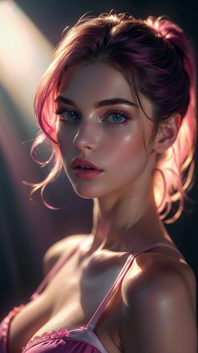 (((ultra realist))) photoshot, masterpiece, top quality, (pale skin), (ultra-detailed face and eyes:1.3), 1 girl, adult, in a dress, ((Eye make up, pink mascara)), ((very large detailed lips)), ((Pink волнистые волосы)), ((stylish hairstyle)) , (Natural breasts), (Slender waist). ((posing, hands on chest)), photoshot-Shooting, (soft)illumination, (The play of light and shadow), depth of field, bokeh, (special attention to skin details: 1.2), Detailed leather structure, Hautporen. (Cool atmosphere of the frame. Color scheme - black, Purple, Pink, metric tons), DR, ((film grain)), ((Rays)), (glare), ((Waist up portrait)) , ultra detailed,