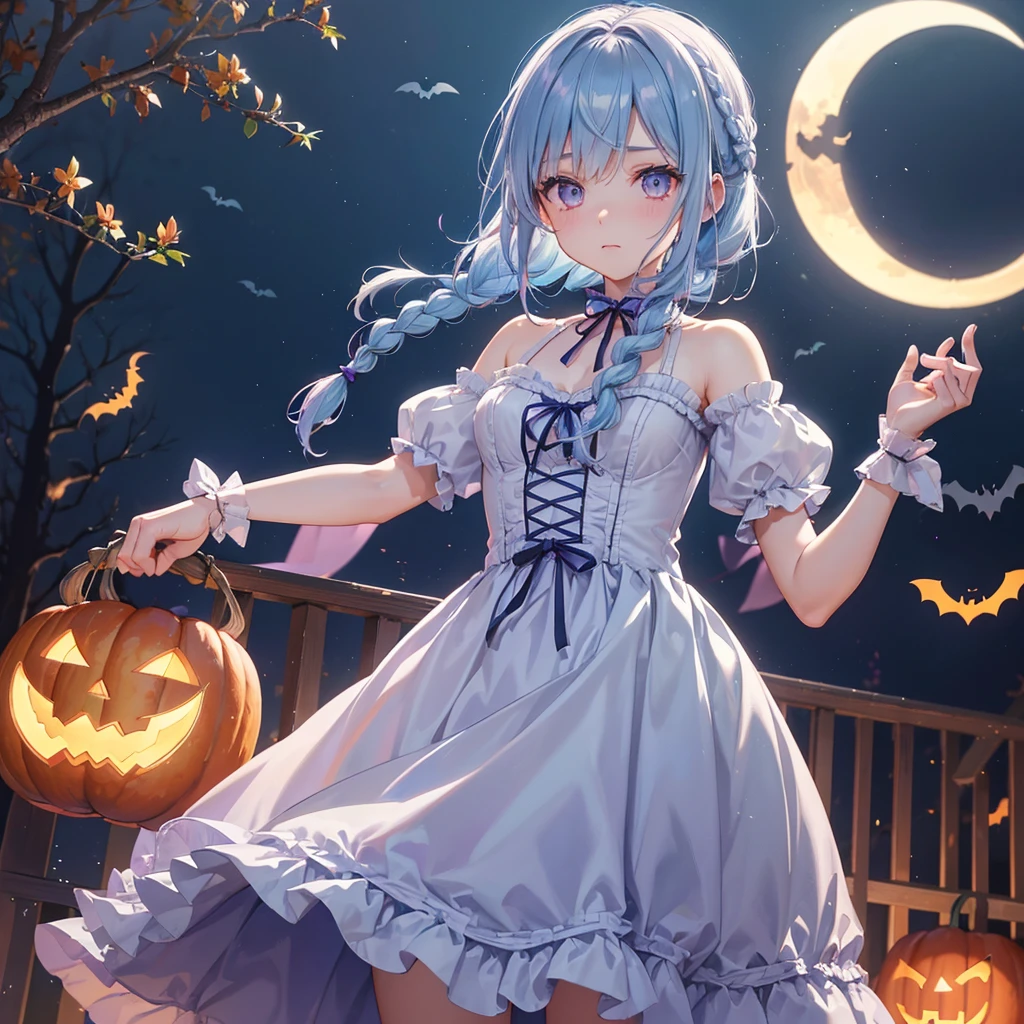 (Light blue medium hair:1.2),(Braided hair:1.2)、Pink eyes、Fair skin、cowboy shot、Halloween、The background is a pumpkin ghost、Crescent Moon、Trick or Treat、A lot of sweets、witch、Halloween night、Candy、many bat、Condescending expression、solo、(masterpiece、Highest quality、Very detailed、Best Shadow)、(Detailed Background)、(Beautifully detailed face)、High contrast、(Best lighting、Very delicate and beautiful)、(Cinematic Light)、colorful、Hyper Detail、Dramatic Light、Exquisite detail、