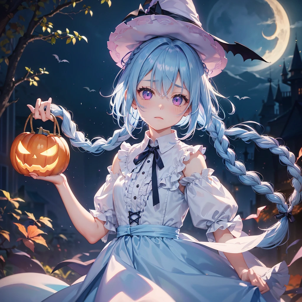 (Light blue medium hair:1.2),(Braided hair:1.2)、Pink eyes、Fair skin、cowboy shot、Halloween、The background is a pumpkin ghost、Crescent Moon、Trick or Treat、A lot of sweets、witch、Halloween night、Candy、many bat、Condescending expression、solo、(masterpiece、Highest quality、Very detailed、Best Shadow)、(Detailed Background)、(Beautifully detailed face)、High contrast、(Best lighting、Very delicate and beautiful)、(Cinematic Light)、colorful、Hyper Detail、Dramatic Light、Exquisite detail、
