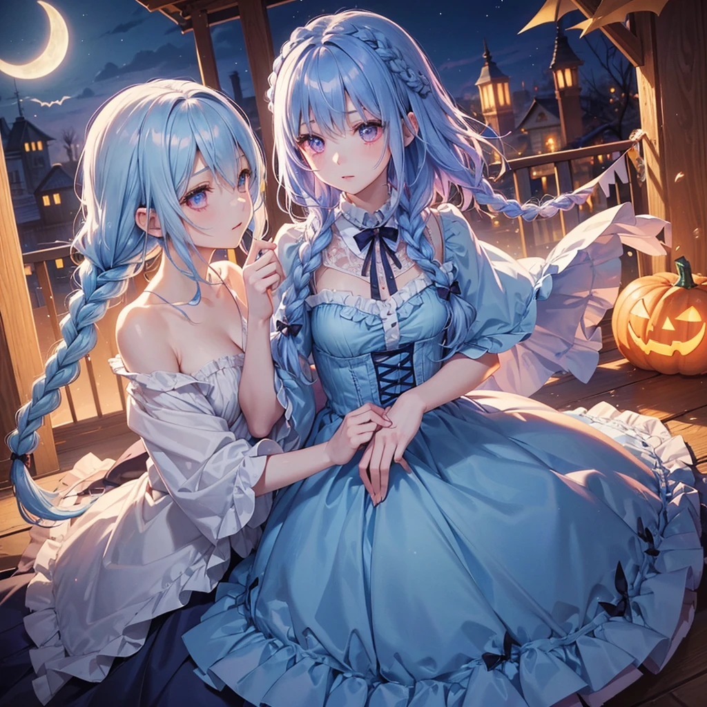 (Light blue medium hair:1.2),(Braided hair:1.2)、Pink eyes、Fair skin、cowboy shot、Halloween、The background is a pumpkin ghost、Crescent Moon、Trick or Treat、A lot of sweets、witch、Halloween night、Candy、many bat、Condescending expression、solo、(masterpiece、Highest quality、Very detailed、Best Shadow)、(Detailed Background)、(Beautifully detailed face)、High contrast、(Best lighting、Very delicate and beautiful)、(Cinematic Light)、colorful、Hyper Detail、Dramatic Light、Exquisite detail、