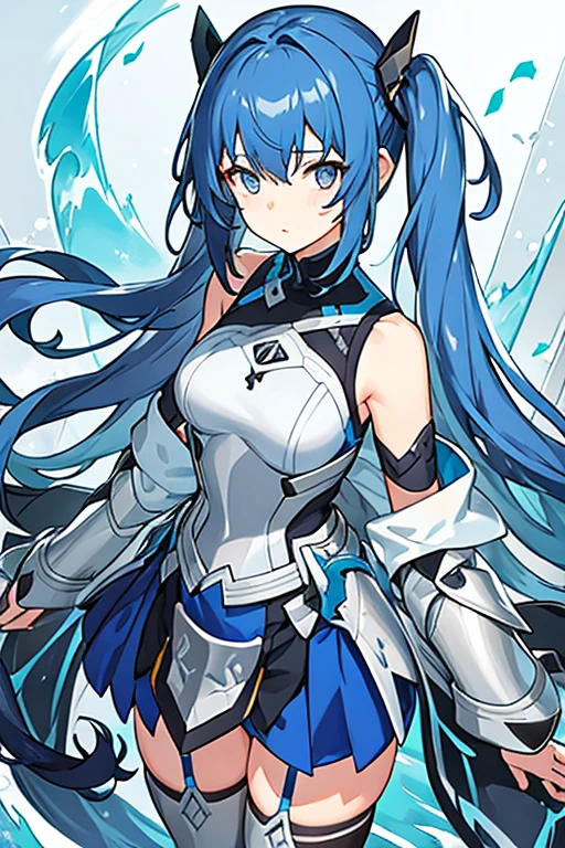 women, hair in two short dark blue pigtails, with silver armor,