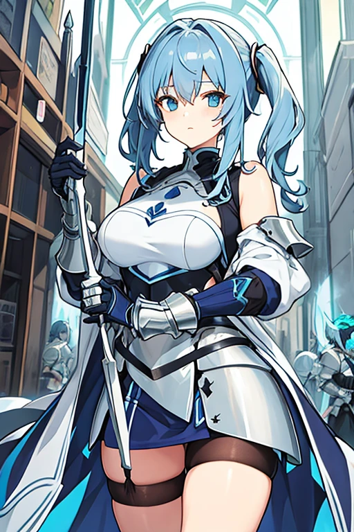 women, hair in two short dark blue pigtails, with silver armor,