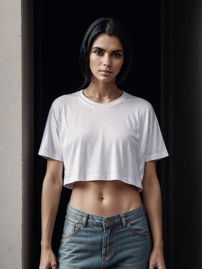 Best quality, masterpiece, ultra high res, (photorealistic:1.5), raw photo, 1 mature Ancient Egyptian girl, (((white cropped oversized t-shirt hirt))), wide shoulders, in the dark, deep shadow, low key, cold light, sexy look, black Cleopatra's hair (((black hair))), bright eyes, yin sanpaku eyes, eyeshadow, (((plain white background))), cinematic studio lighting