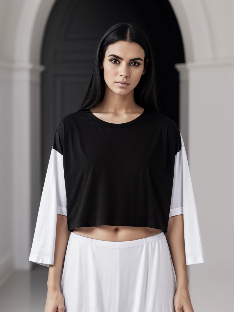 Best quality, masterpiece, ultra high res, (photorealistic:1.5), raw photo, 1 mature Ancient Egyptian girl, (((white cropped oversized t-shirt hirt))), wide shoulders, in the dark, deep shadow, low key, cold light, sexy look, black Cleopatra's hair (((black hair))), bright eyes, yin sanpaku eyes, eyeshadow, (((plain white background))), cinematic studio lighting