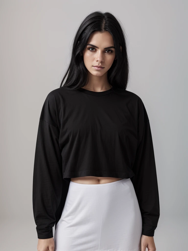 Best quality, masterpiece, ultra high res, (photorealistic:1.5), raw photo, 1 mature Ancient Egyptian girl, (((white cropped oversized t-shirt hirt))), wide shoulders, in the dark, deep shadow, low key, cold light, sexy look, black Cleopatra's hair (((black hair))), bright eyes, yin sanpaku eyes, eyeshadow, (((plain white background))), cinematic studio lighting