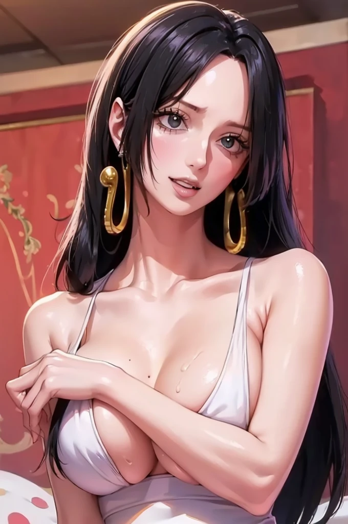 best quality, masterpiece, highly detailed,1girl, Boa Hancock, , (masterpiece:1.5), Detailed Photo, Smiling, Sexy, (8K, Best Quality: 1.4), (1girl), Beautiful Face, (anime realistic Face), (Black Hair, long Hair: 1.3), Beautiful Hairstyle, Realistic eyes, beautiful detail eyes, (white skin), beautiful skin, absurd, attractive, ultra high resolution, ultra realistic, high definition, golden ratio, (sexually aroused:1.5), Pinkish white skin, cool white light, sexy pose, Beautiful , white background, pink soft white light, Wear a black bodycon dress, (messy hair:1.5), (masturbate:1.5)