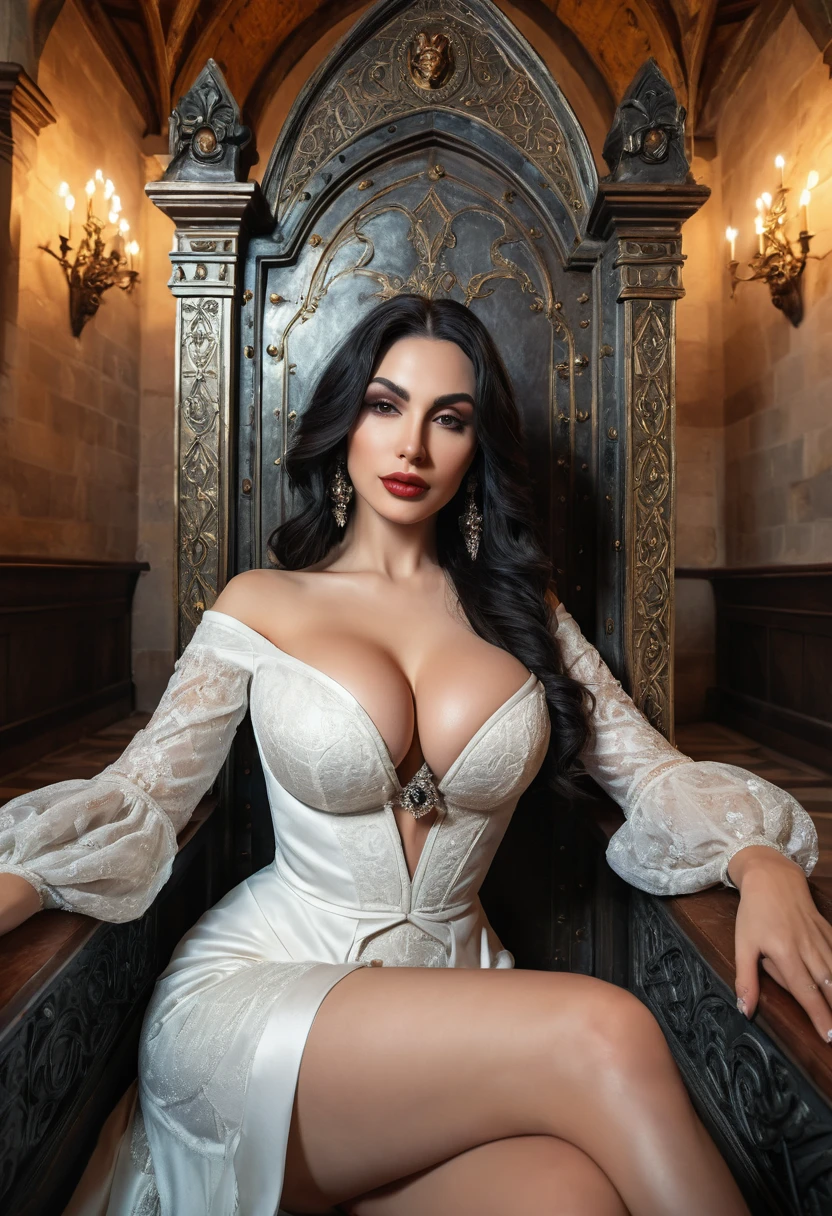 Lady Dimitrescu taking realistic cleavage selfie in her castle wearing large elegant chapel. Sitting with open legs on her throne. High detailed face, high detailed skin