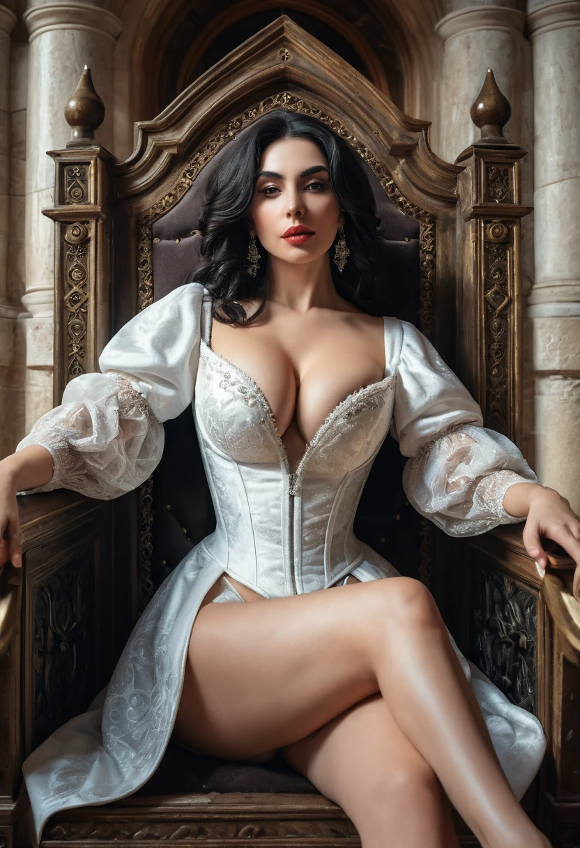 Lady Dimitrescu taking realistic cleavage selfie in her castle wearing large elegant chapel. Sitting with open legs on her throne. High detailed face, high detailed skin