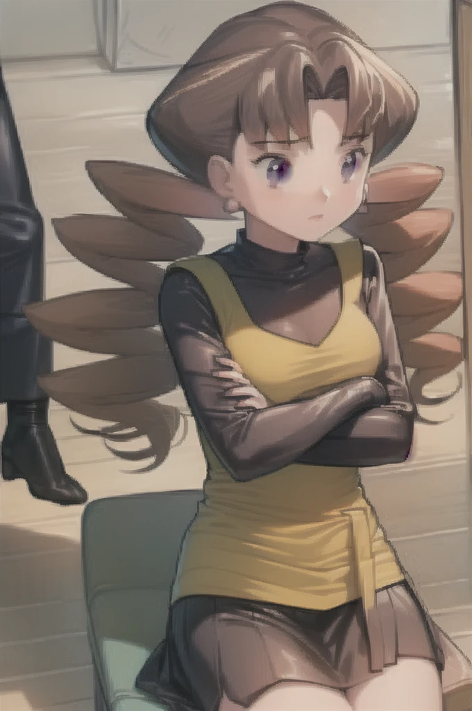 1girl, solo, sitting, looking_down, crossed_legs, crossed_arms, masterpiece, high quality, best quality, Caroline_(pokemon)