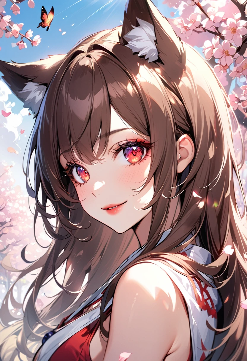 1 girl, beautiful detailed eyes, beautiful detailed lips, extremely detailed eyes and face, long eyelashes, smiling, cherry blossoms, sunlight dapples, butterflies, animal ears, wolf ears, long hair, wolf tail, red eyes, wolf girl, brown hair,