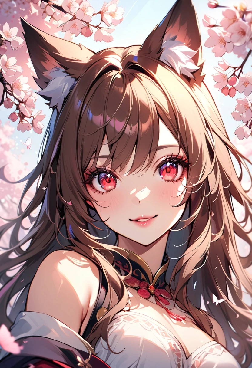 1 girl, beautiful detailed eyes, beautiful detailed lips, extremely detailed eyes and face, long eyelashes, smiling, cherry blossoms, sunlight dapples, butterflies, animal ears, wolf ears, long hair, wolf tail, red eyes, wolf girl, brown hair, 