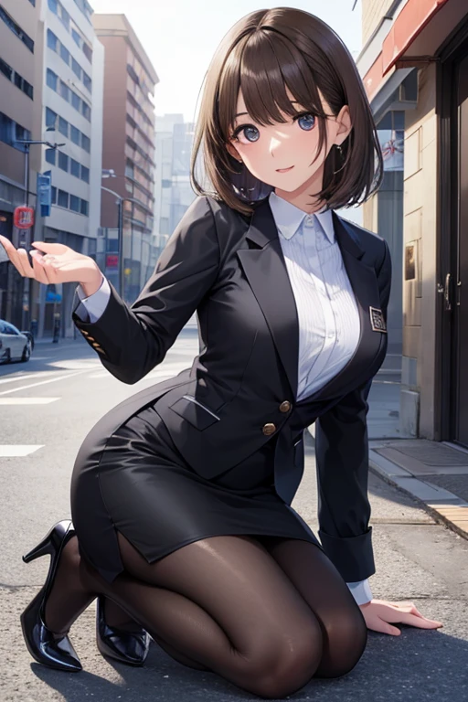 anegasaki nene、Shiny brown hair, short hair, (Beautiful brown eyes、Sparkling eyes, Fine grain)、smile、Ultra-detailed eyes、Highly detailed face, Highly detailed eyes,
, OL,, open front black suit jacket, White dress shirt, Collared shirt, Neckline, button, strap,morning日,morning, Black pencil skirt, Black Pantyhose, Stiletto heels,
break looking at viewer, whole body, Upper Body,
break outdoors, School school gate,
break (masterpiece:1.2), Highest quality, High resolution, unity 8k wallpaper, (shape:0.8), (Fine and beautiful eyes:1.6), Highly detailed face, Perfect lighting, Highly detailed CG, (Perfect hands, Perfect Anatomy),