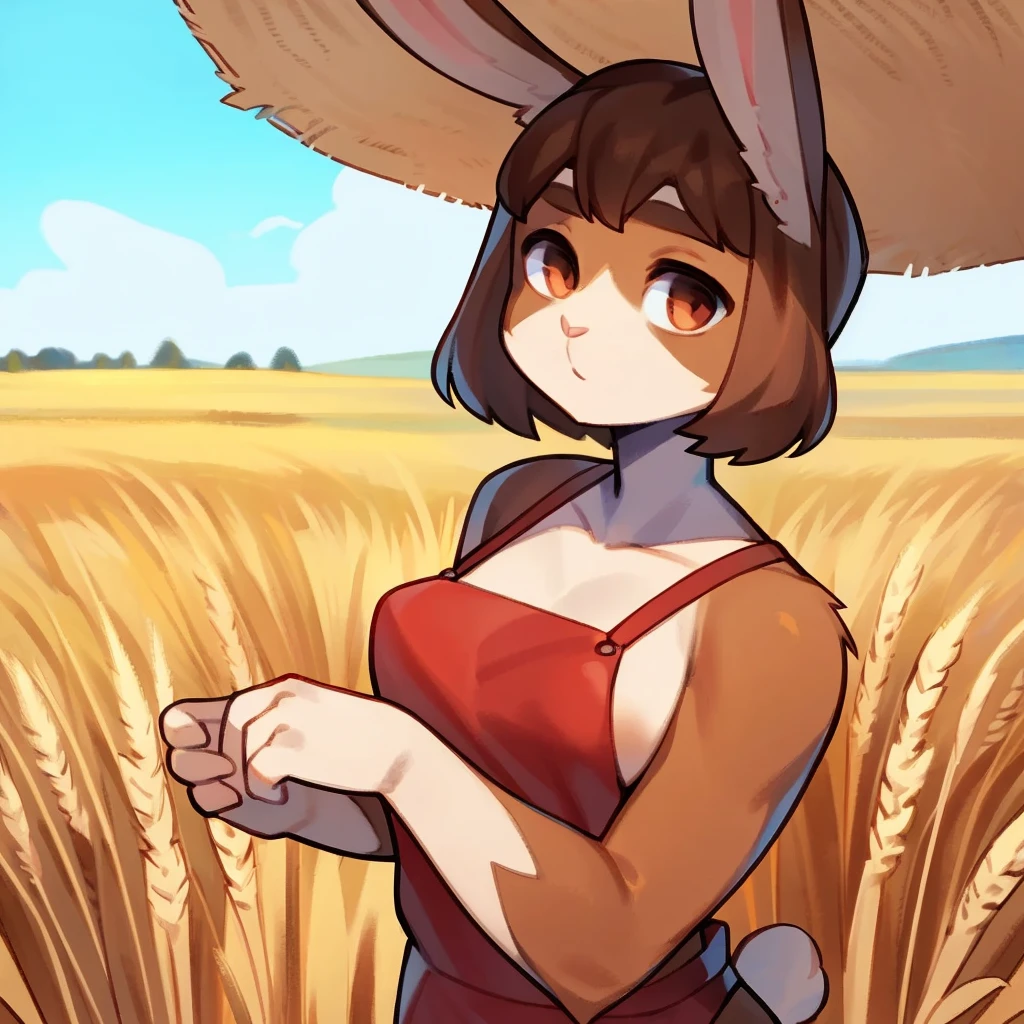 Short busty bunny wearing only a red apron, brown fur, Wheat field, looking into the distance, от bebebebebe, by Spydjeks, by SpikedMauler