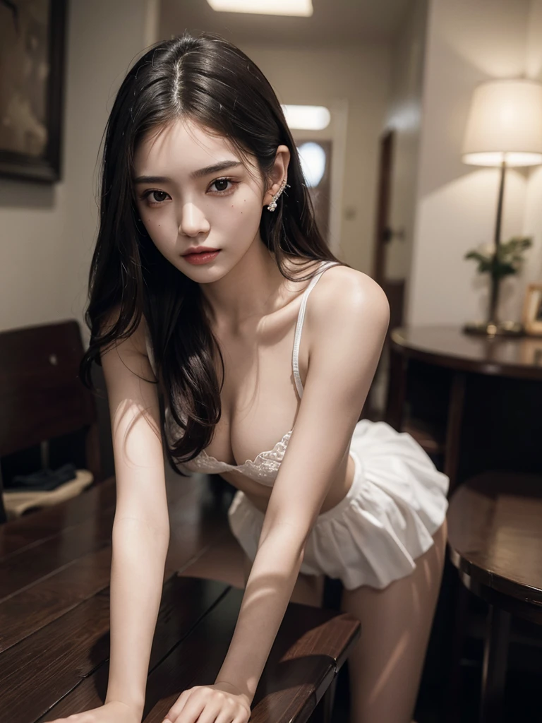 absurdres, RAW photo, extremely delicate and beautiful, masterpiece, Best Quality, ultra high resolution, 32k, hyperrealistic, ultra-detailed, perfect anatomy, super Detailed skin, perfect figure, Super Beauty, Perfect Style, Perfect balance, Beautiful Lighting, Perfect Lightning, Realistic Shadows, 20 years old, very Slim body, narrow waist, very small head, very small face, delicate facial features, handsome detailed woman, very detailed eyes and face, realistic face proportions, Realistic beautiful face, Realistic beautiful eyes, tearful mole, earring, very huge round breasts, legs, medium hair, asymmetrical hair, full_body_shot, indoor, school_uniform, sleeveless,